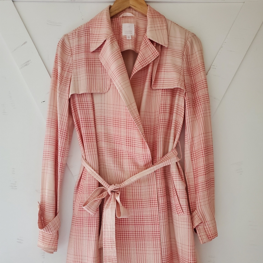 Women's Pink Plaid Belted Trench Coat